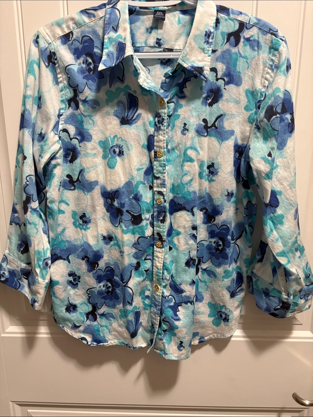 Chaps Petite XL Blue Floral Cotton Button Down Shirt